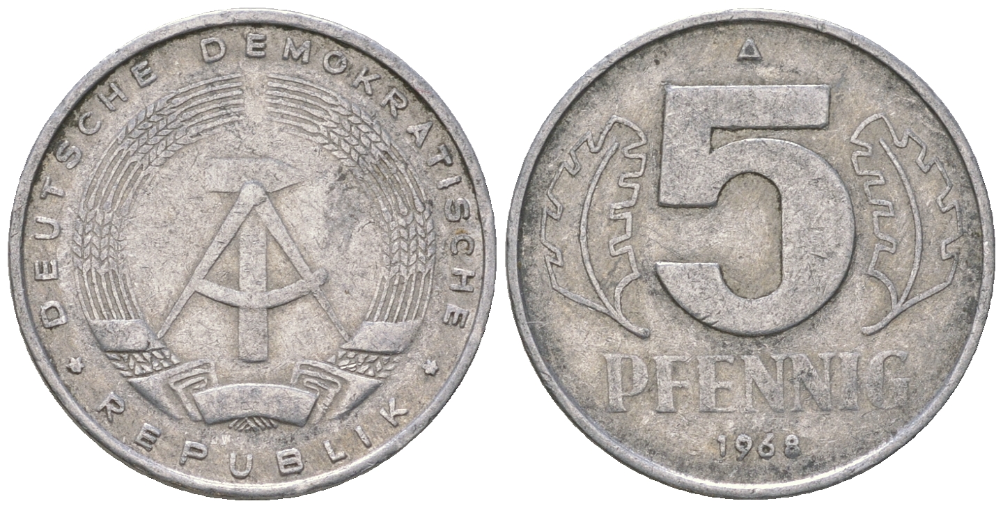 ГДР 5 пфеннигов 1968 A KM 9.1 алюминий 4625-236