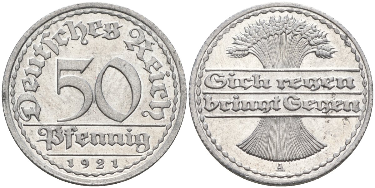 Германия 50 пфеннигов 1921 A KM 27, J.301, Weege 10 алюминий UNC 4584-837