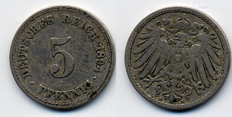 ГЕРМАНИЯ 5 ПФЕННИГОВ 1894 A, KM 11, J. 12 медно-никель 51-5245