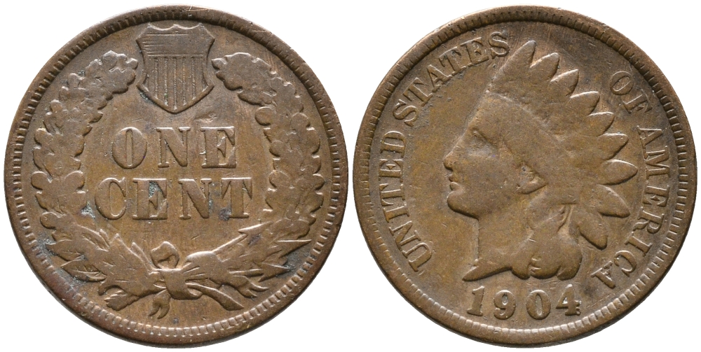 США 1 ЦЕНТ 1904 ИНДЕЕЦ KM 90а бронза 100-467