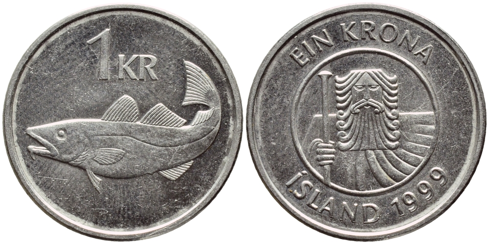 Исландия 1 крона 1999 треска KM 27а сталь плакированная никелем 3334-442