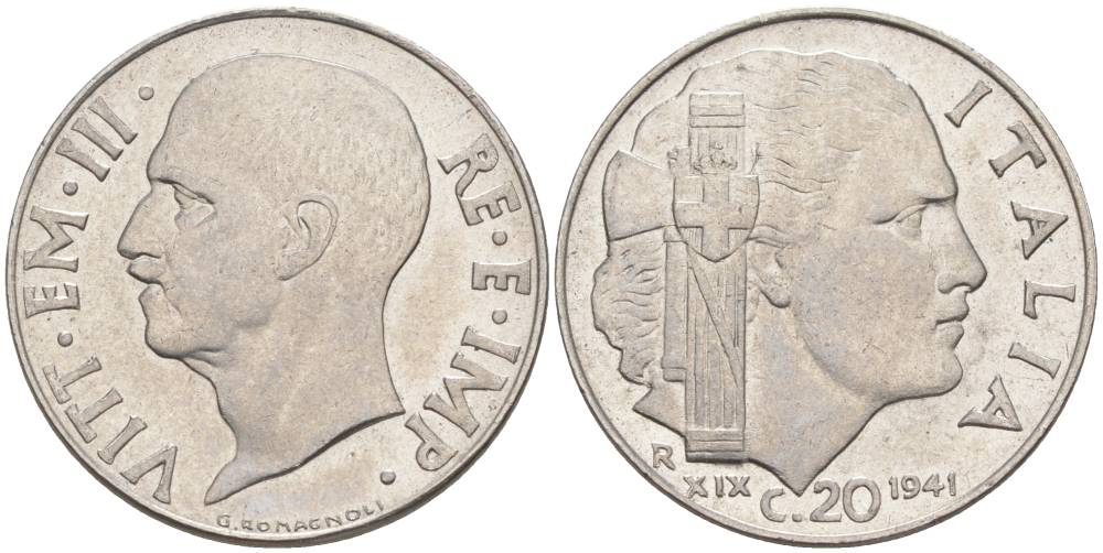 ИТАЛИЯ 20 ЧЕНТЕЗИМО 1941 R, ГОД XIX, ВИКТОР ЭММАНУИЛ III (1900-1946) KM 75b, VEM3. 1028 нержавеющая сталь 3853-1113