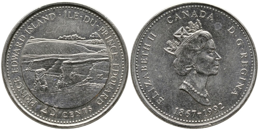 КАНАДА 25 ЦЕНТОВ 1992 125 ЛЕТ КОНФЕДЕРАЦИИ, ЕЛИЗАВЕТА II (1952-), ОСТРОВ ПРИНЦА ЭДУАРДА, ТРЕТИЙ ПОРТРЕТ В КОРОНЕ KM 222 никель 4543-757