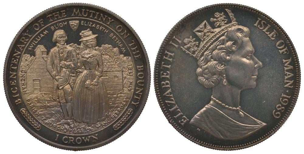 Остров Мэн 1 крона 1989 200 лет мятежу на паруснике Баунти, Уильям Блай и Елизавета Бетам, церковь KM 240 медно-никель UNC 00-00