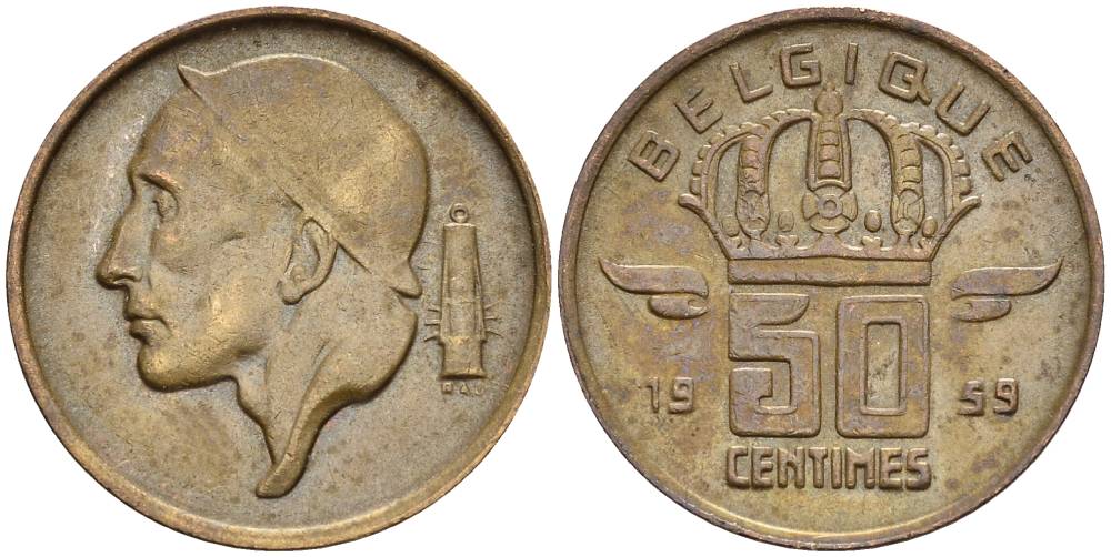 БЕЛЬГИЯ 50 САНТИМОВ 1959 BELGIQUE KM 148.1 бронза 4528-936