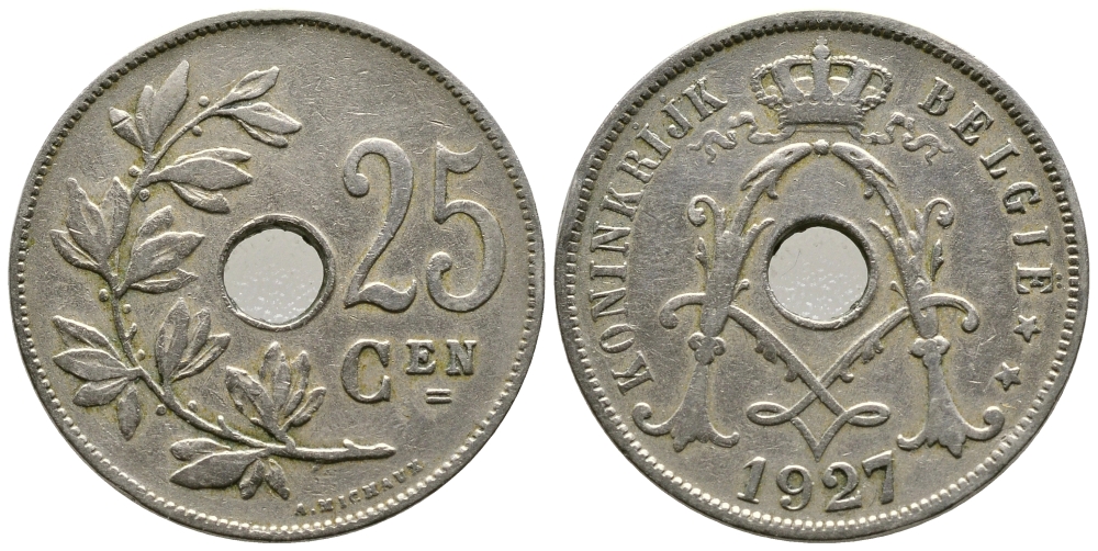 БЕЛЬГИЯ 25 САНТИМОВ 1927 BELGIE KM 69 медно-никель 177-1041