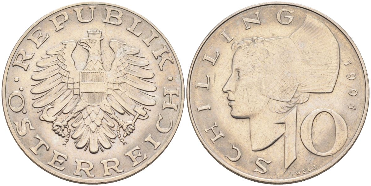 Австрия 10 шиллингов 1991 KM 2918 никель плакированный медно-никелем 4593-541