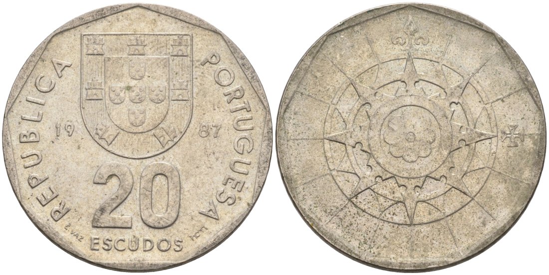 Португалия 20 эскудо 1987 KM 634 медно-никель 4572-1112