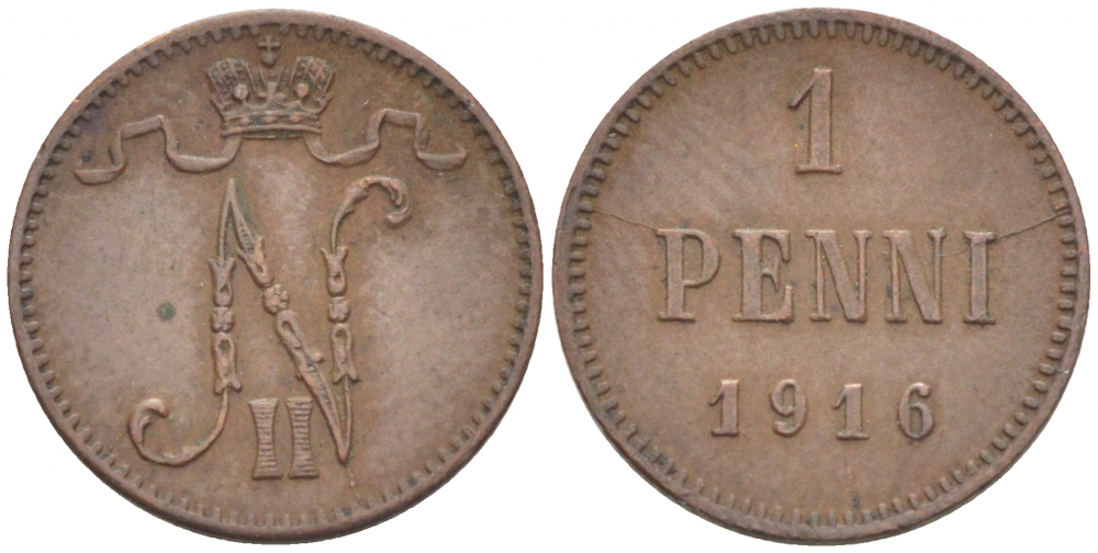 РОССИЯ ДЛЯ ФИНЛЯНДИИ 1 ПЕННИ 1916 НИКОЛАЙ II (1895-1917) KM 13, Биткин 476 медь 211-1018
