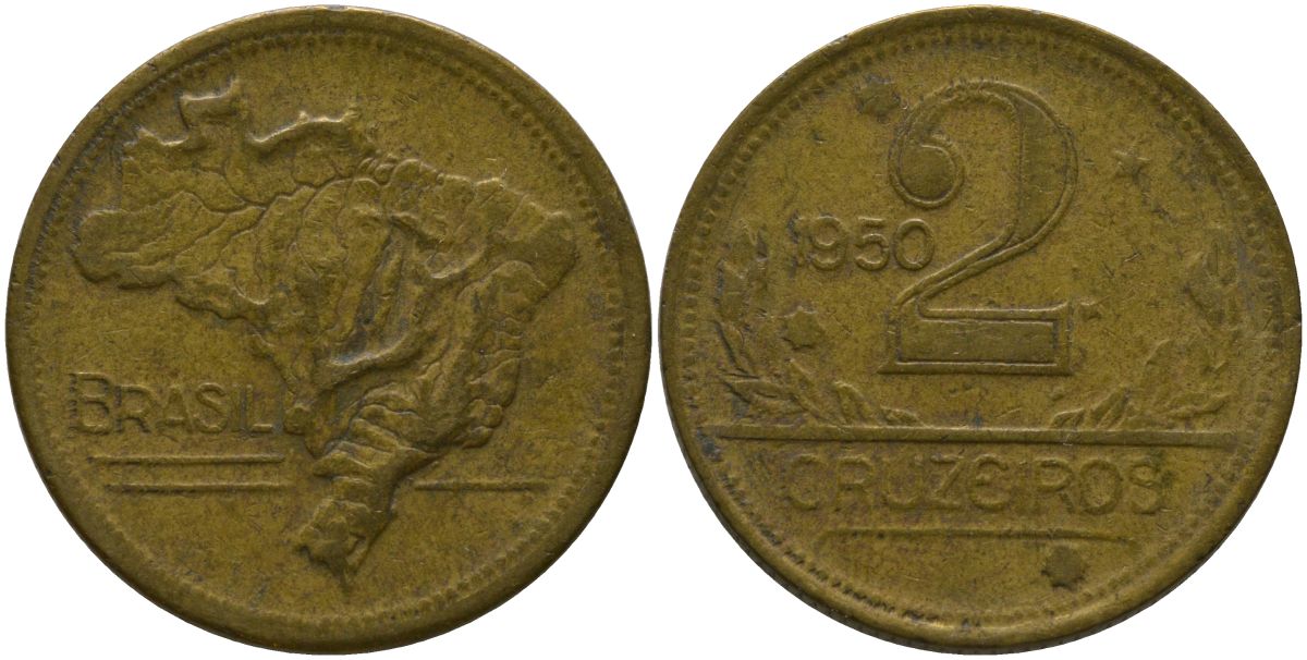 Бразилия 2 крузейро 1950 KM 559 алюминиевая бронза 4577-525