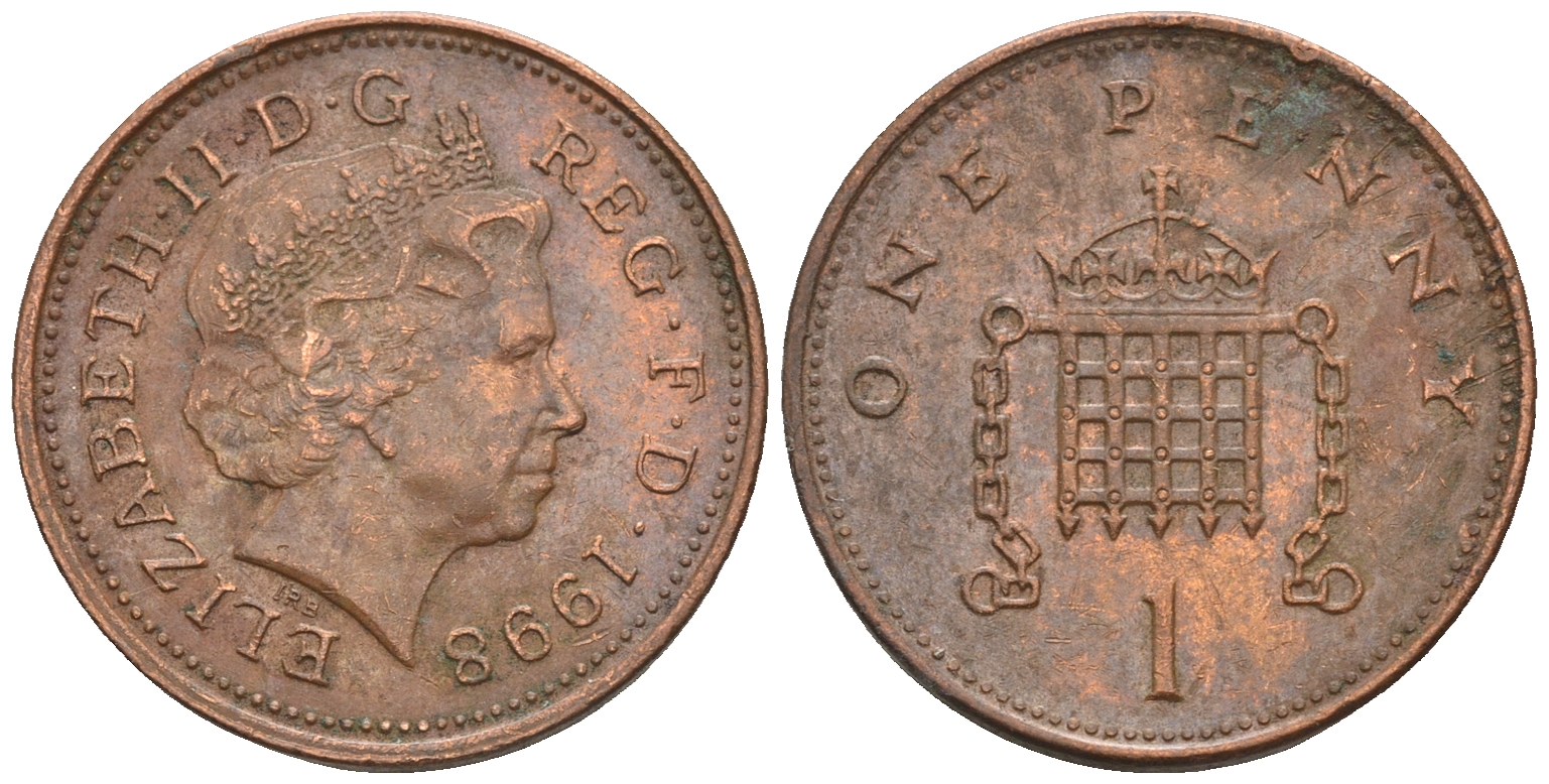 Великобритания 1 пенни 1998 Елизавета II (1952-2022) KM 986, Spink 4710 (B5) сталь плакированная медью 4609-539