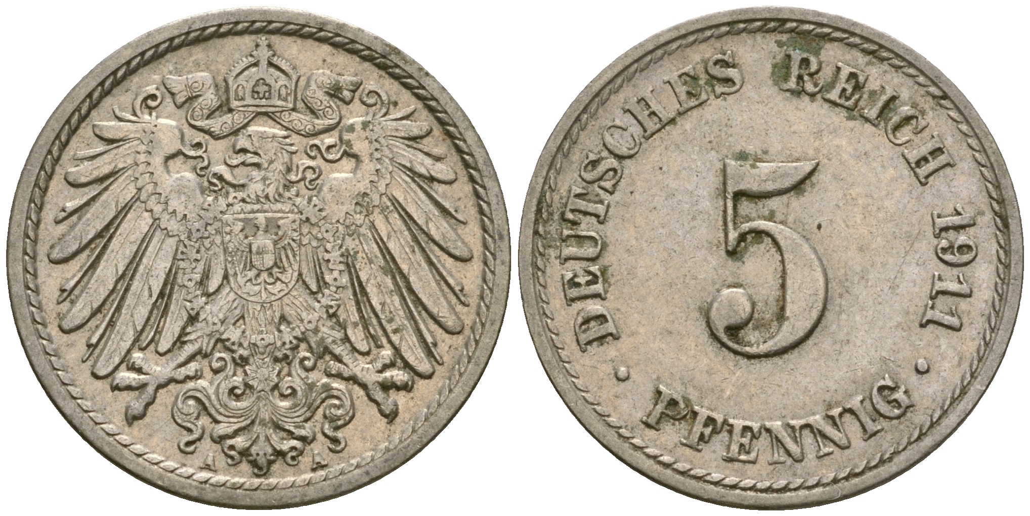 Германия 5 пфеннигов 1911 J KM 11, Jager 12, Weege 6 медно-никель 25-1143