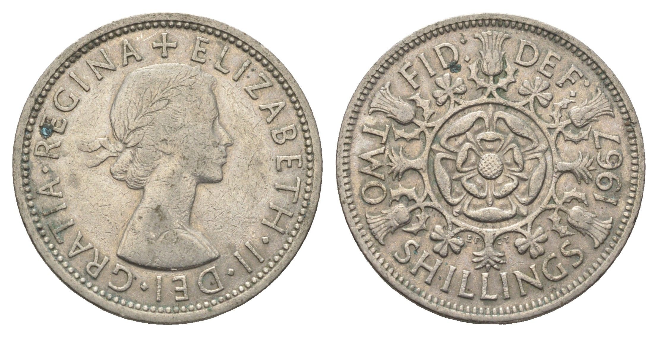 Великобритания 2 шиллинга (флорин) 1967 Елизавета II (1952-2022) KM 906, Spink 4146 медно-никель 4663-325