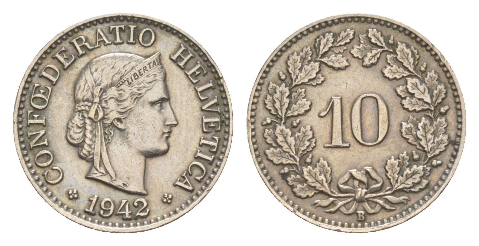 Швейцария 10 раппенов 1942 B KM 27 медно-никель 4609-439