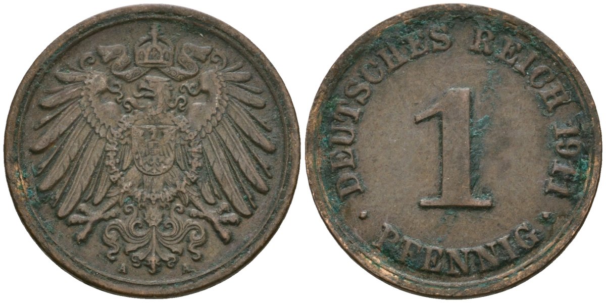 Германия 1 пфенниг 1911 A, Вильгельм II (1888-1918) KM 10, J. 10 медь 4608-115