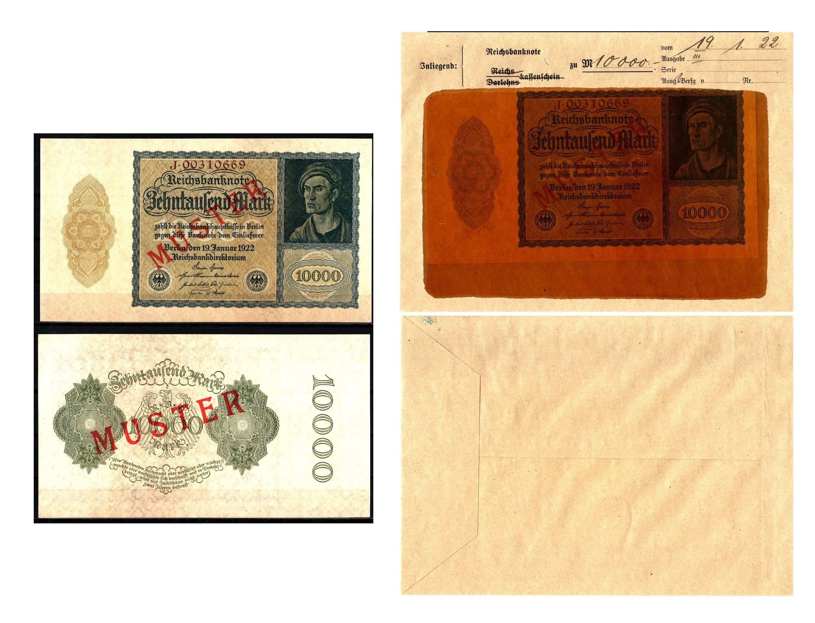 Германия 10000 марок 1922 орел за номиналом и номинал справа, 19 января, MUSTER, образец, Specimen. В оригинальном банковском конверте. Из коллекции Отто Сейфферта (помощник Ялмара Шахта - министра экономики Германии и президента Рейхсбанка времен третьег