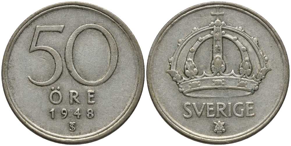 Швеция 50 эре 1948 TS, Густав V (1907-1950) KM 817 серебро 202-614