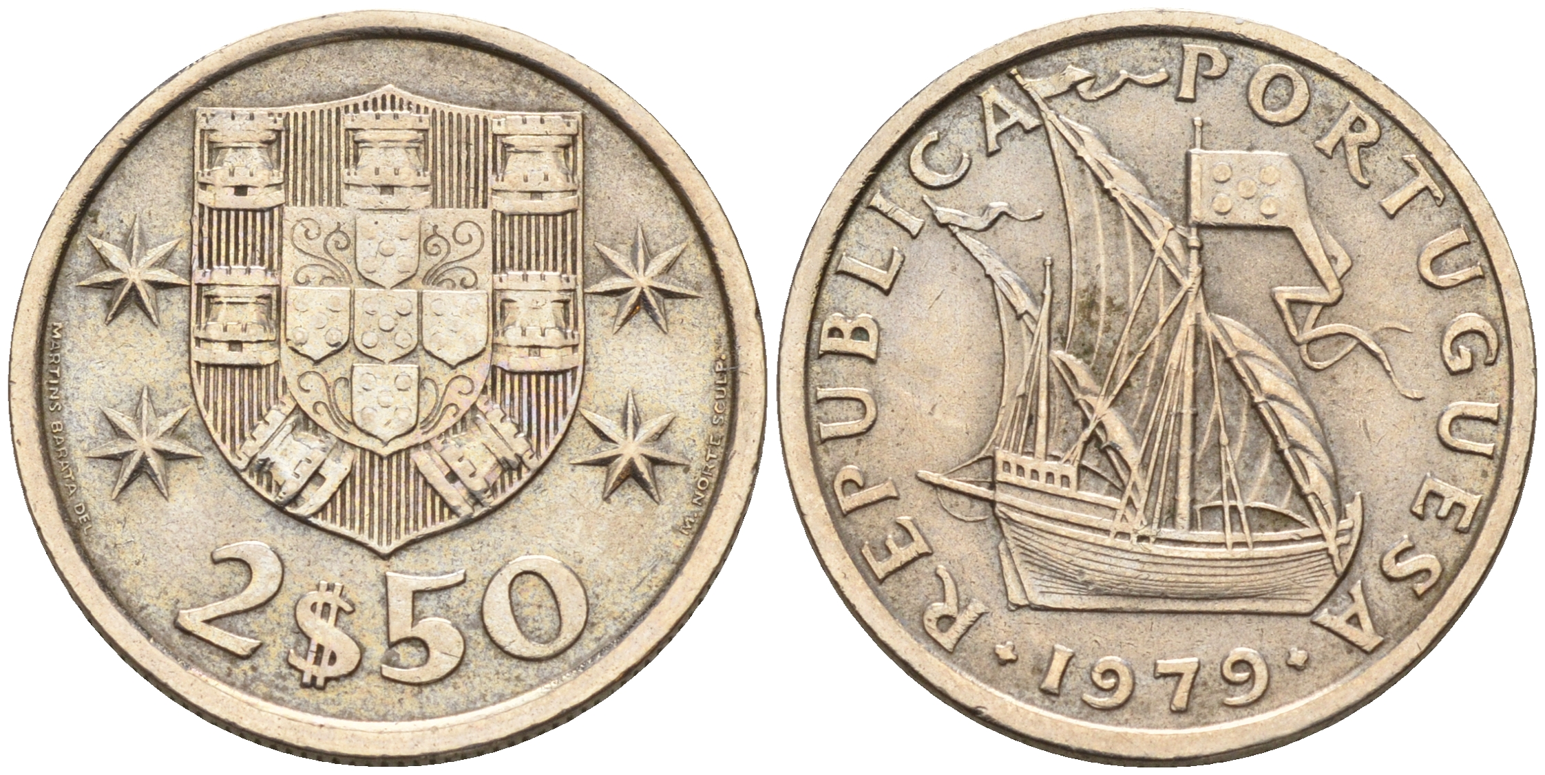 Португалия 2,5 эскудо 1979 парусник KM 590 медно-никель  UNC  4160-1224