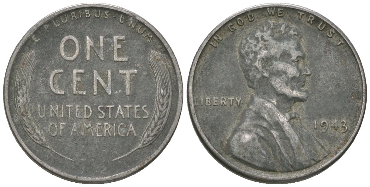 США 1 цент 1943 Авраам Линкольн KM 132 a сталь покрытая цинком 214-853