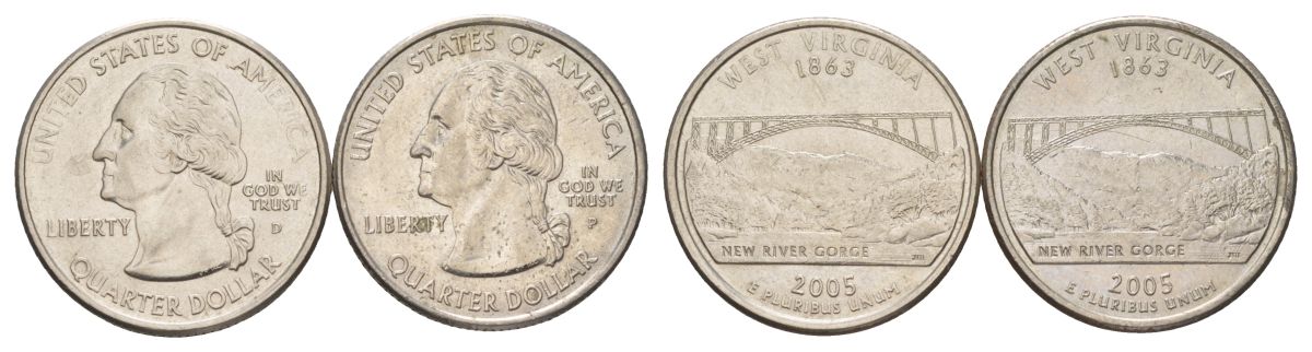 США набор обоих монетных дворов 25 центов (квотер, 1/4 доллара) 2005 D и P, Квотер штата Западная Вирджиния KM 374 медь плакированный медно-никелем UNC 4629-116-117