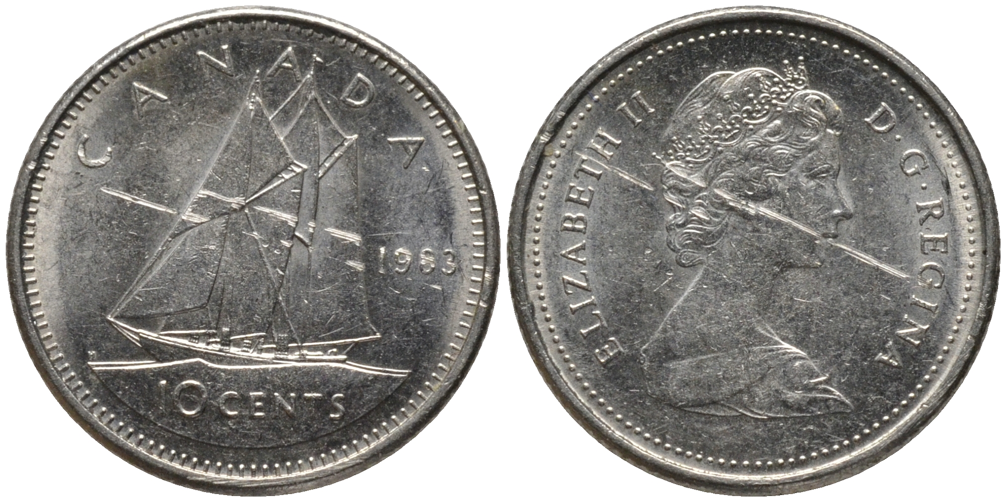 Канада 10 центов 1983 Елизавета II (1953- ), парусник KM 77.2 никель 4532-1032