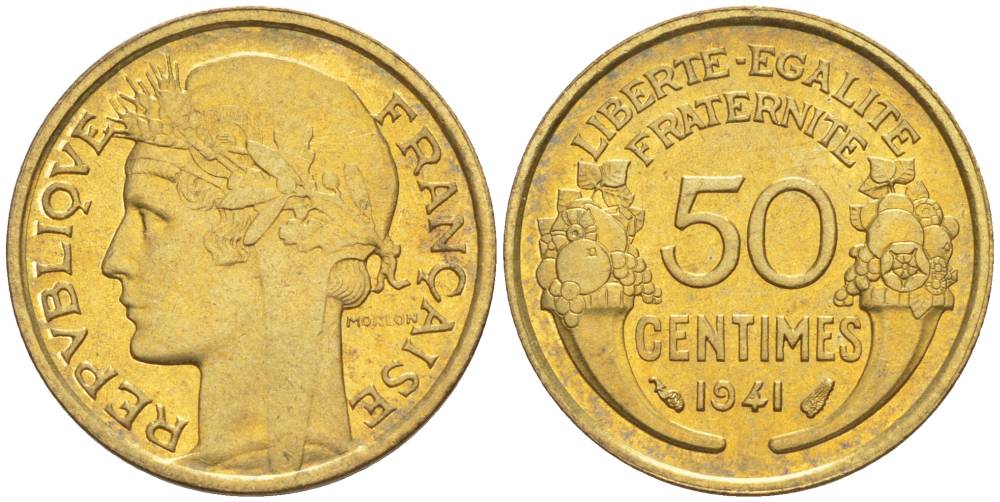 ФРАНЦИЯ 50 САНТИМОВ 1941 ТИП MORLON KM 894.1, LE FRANC 192.18 алюминиевая бронза 44-447