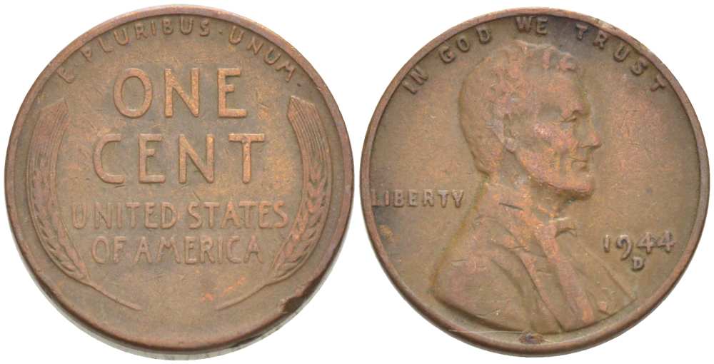 США 1 ЦЕНТ 1944 D, ЛИНКОЛЬН KM А132 медь цинк 3309-466