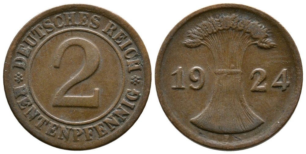 ГЕРМАНИЯ 2 РЕНТЕНПФЕННИГА 1924 F KM 31, J.307 бронза 86-1416