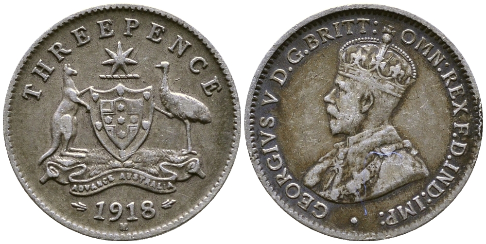 Австралия 3 пенса 1918 М, Георг V (1910-1936) KM 24 серебро 46-528