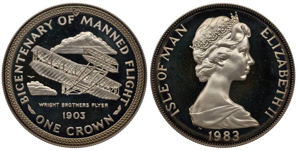 Остров Мэн 1 крона 1983 серия 200 лет пилотируемому полету, биплан братьев Райт KM 104а серебро PROOF 1078-1-24