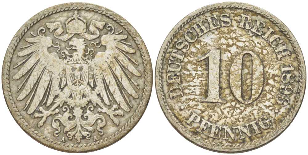 ГЕРМАНИЯ 10 ПФЕННИГОВ 1896 A KM 12, J. 13, Weege 8 медно-никель 261-1257