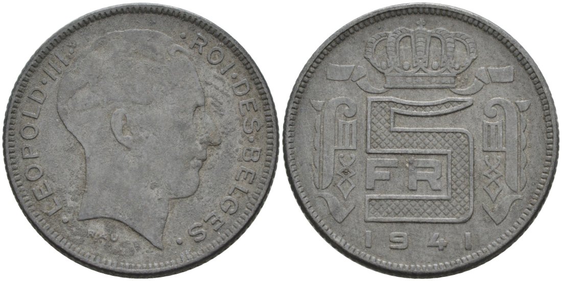 Бельгия 5 франков 1941 Belges KM 129 цинк 51-1914