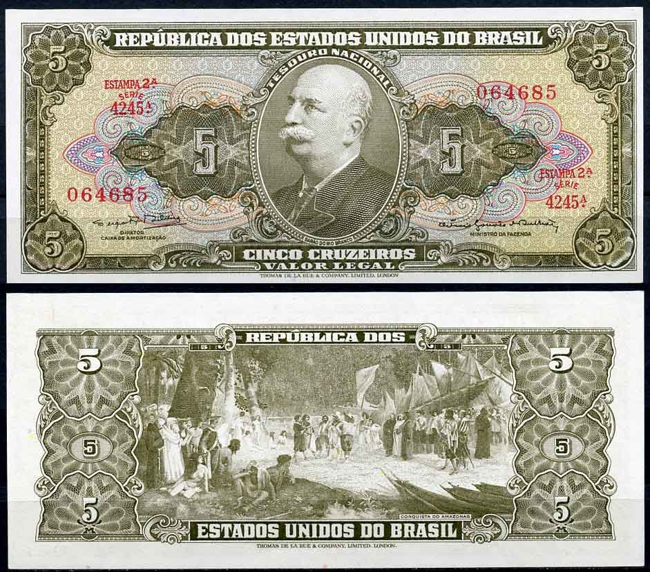 Бразилия 5 крузейро ND (1962-1964) серия 4245, Estampa 2A, Барао до Рио Бранко Pick 176 d бумага UNC (пресс) 2196-38-1-2