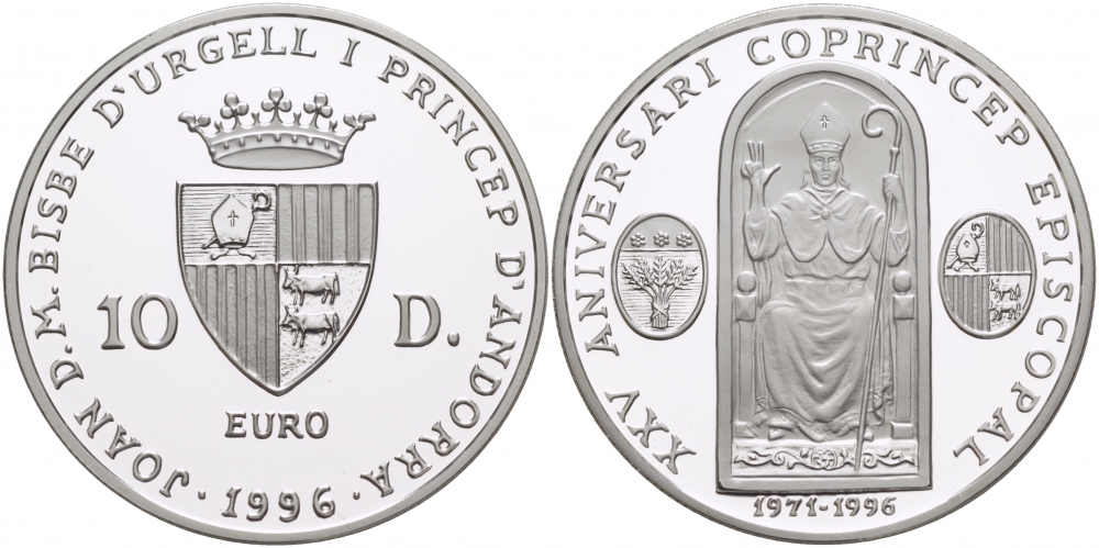 Андорра 10 динеров 1996 25 лет соправления  Жоана Марти-и-Аланиса, ECU KM 125 серебро PROOF 1068-5-21