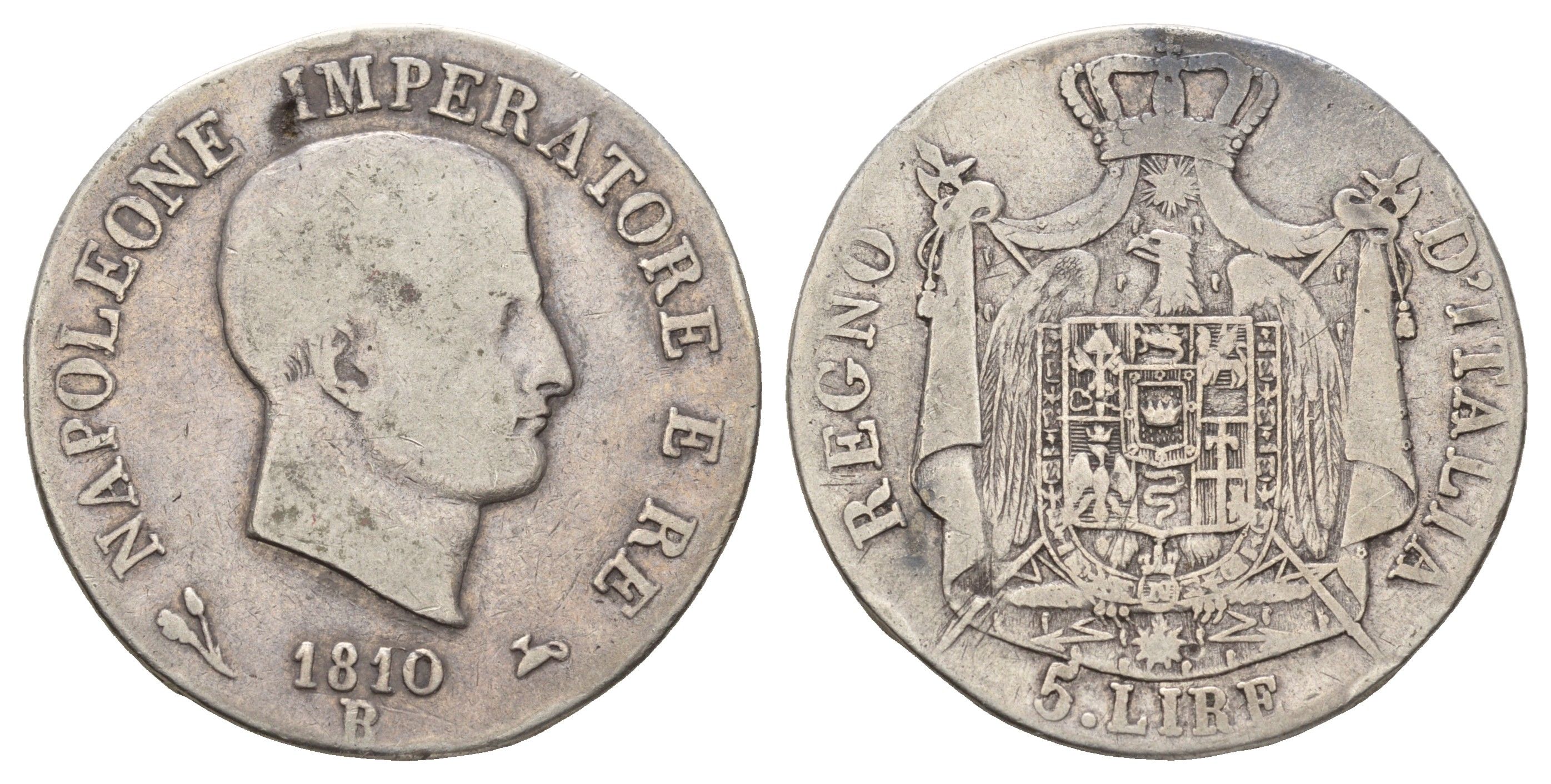 Италия 5 лир 1810 B, Наполеон (1805-1814) KM 10.3 серебро 413-124