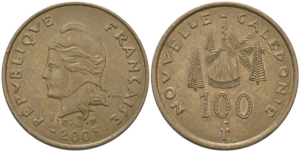 Французская Новая Каледония 100 франков 2005 хижина среди сосен и пальм, (IEOM) KM 15, Schoen 16, Lec 139i никель бронза 111-434