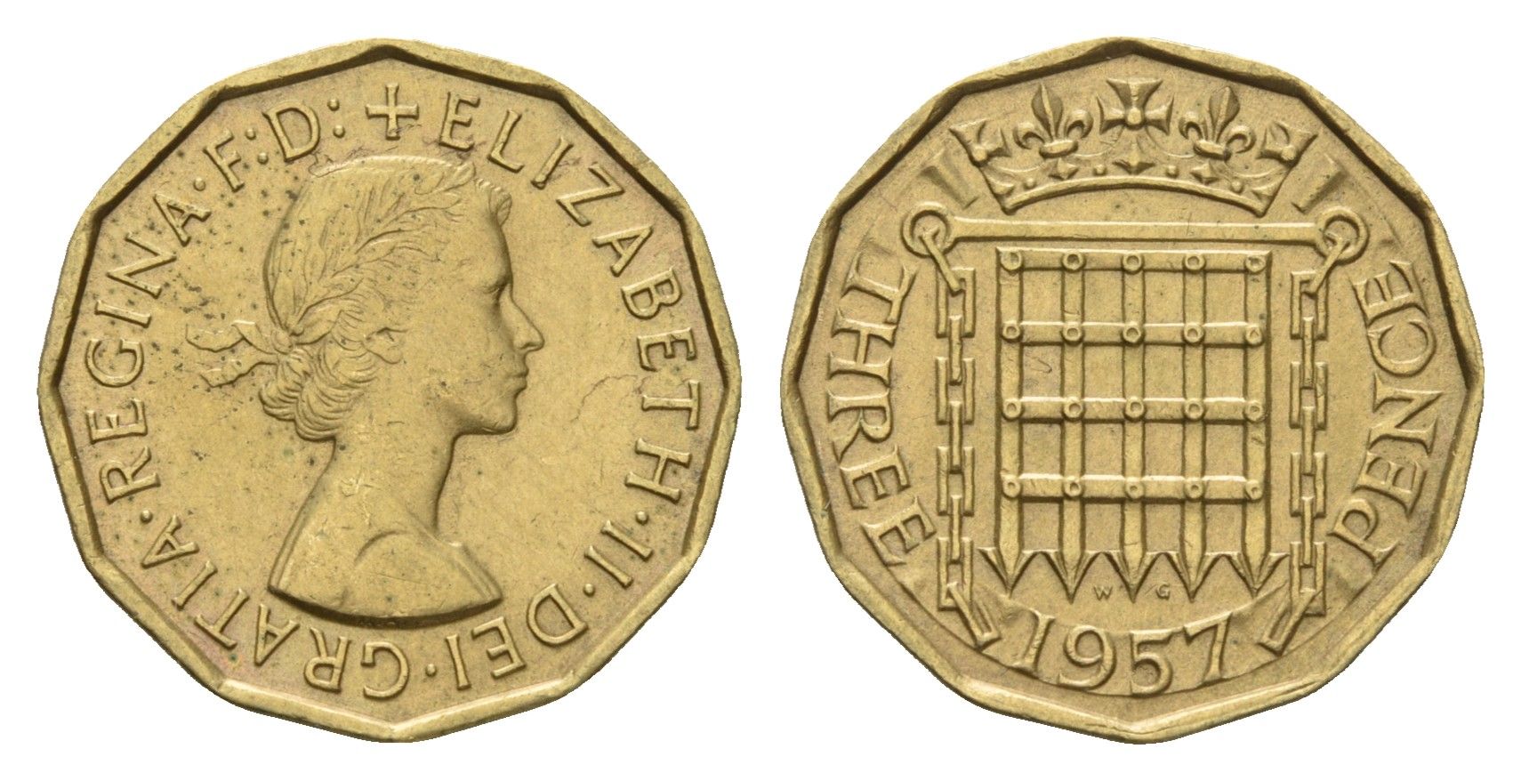 Великобритания 3 пенса 1957 Елизавета II (1952-2022) KM 900, Spink 4153 никель латунь 4121-534