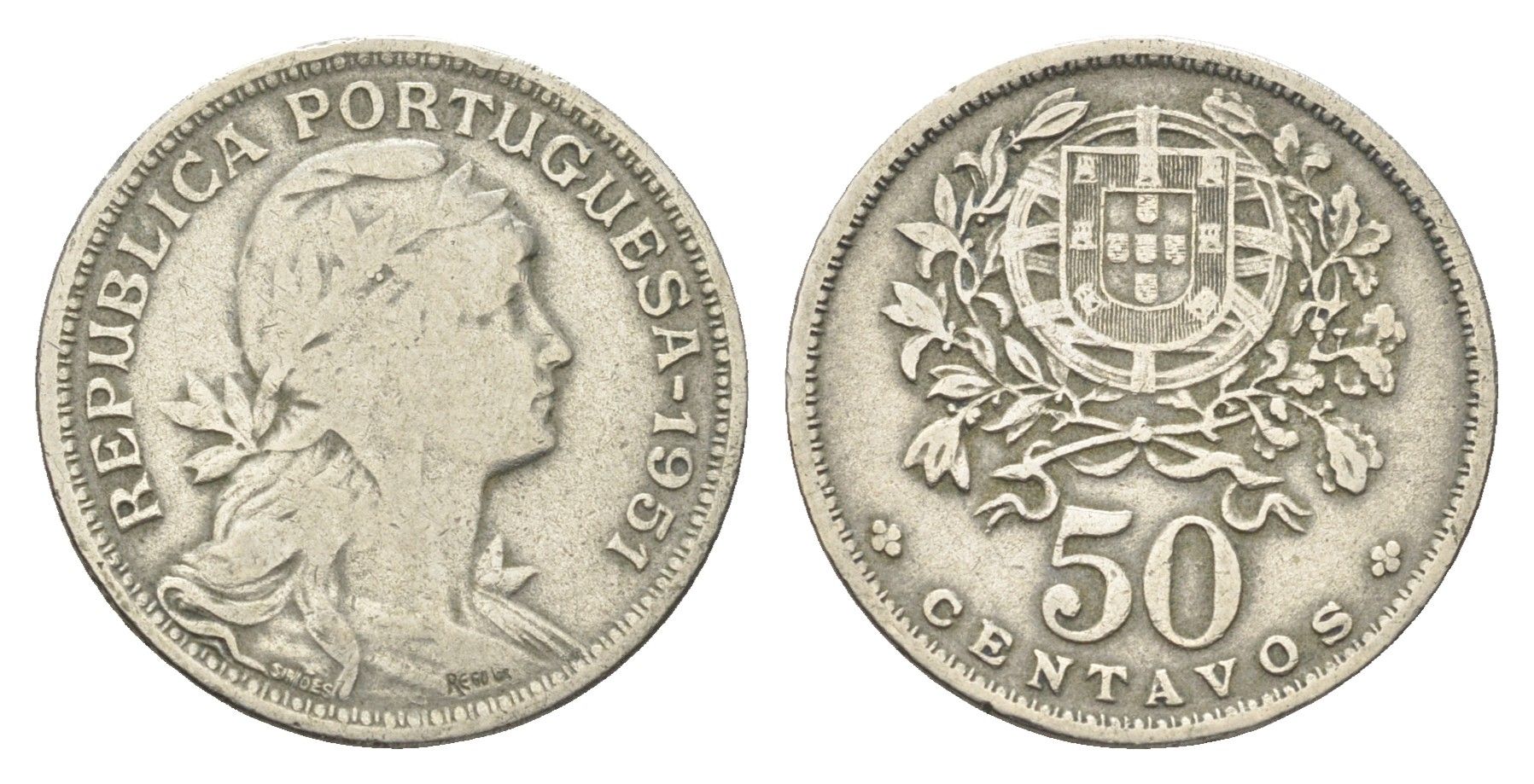 Португалия 50 сентаво 1951 голова Свободы вправо KM 577 никель латунь 4659-635