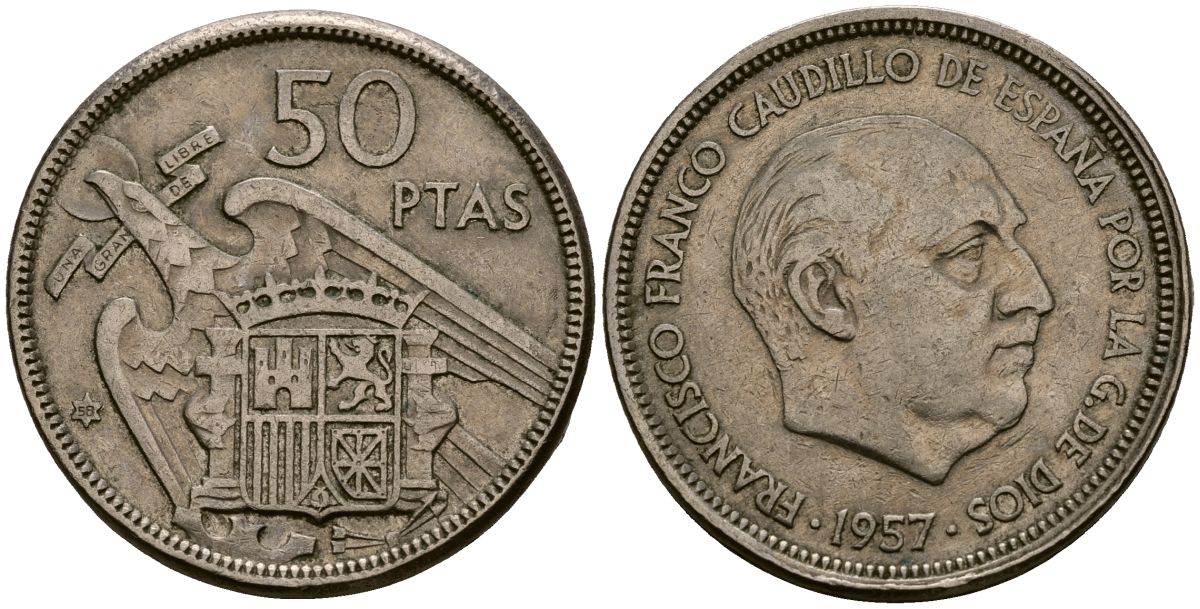 Испания 50 песет 1957 Франсиско Франко (1939 - 1975) KM 788 медно-никель 4168-1014