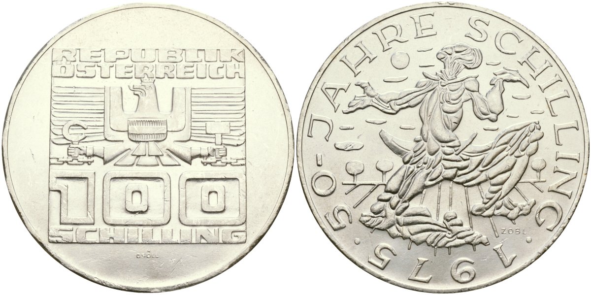 Австрия 100 шиллингов 1975 50 лет австрийскому шиллингу KM 2925 серебро UNC 02-118-21