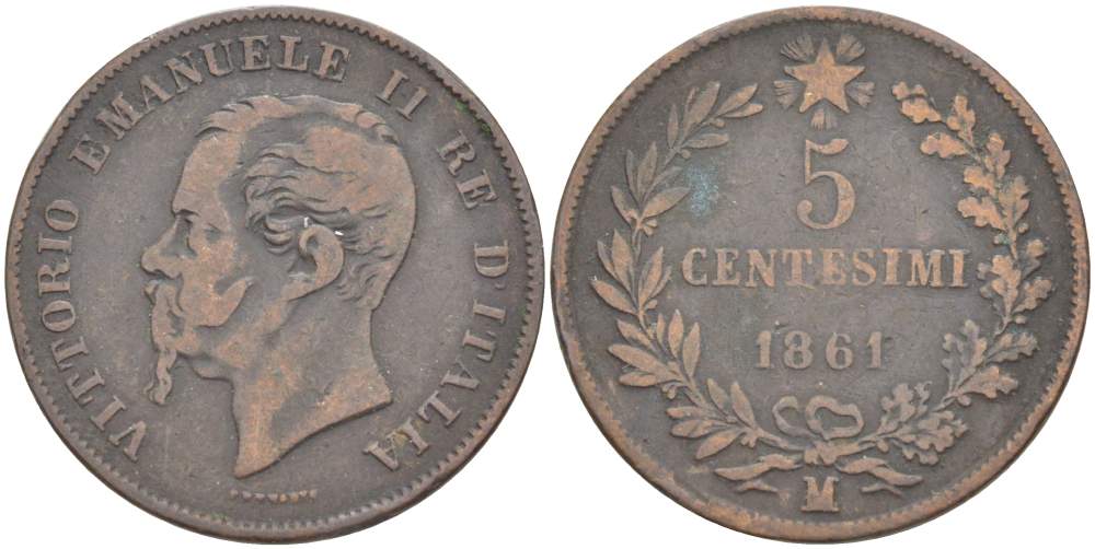 ИТАЛИЯ 5 ЧЕНТЕЗИМО 1861 М, МОНДВОР МИЛАН, ВИКТОР ЭММАНУИЛ II (1861-1878) KM 3.2 медь 4182-1246