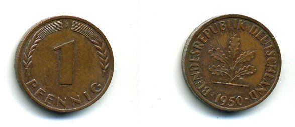 ФРГ 1 ПФЕННИГ 1950 J KM 105, J 380 сталь плакированная медью 46-111