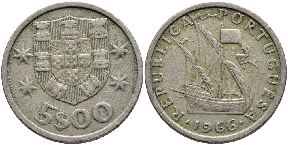 Португалия 5 эскудо 1966 парусник KM 591 медно-никель 4395-853