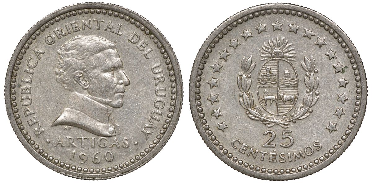 Уругвай 25 сентесимо 1960 KM 40 медно-никель 4169-851