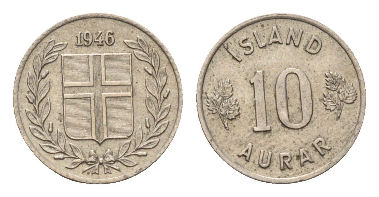 Исландия 10 эйре 1946 KM 10 медно-никель aUNC 4690-651