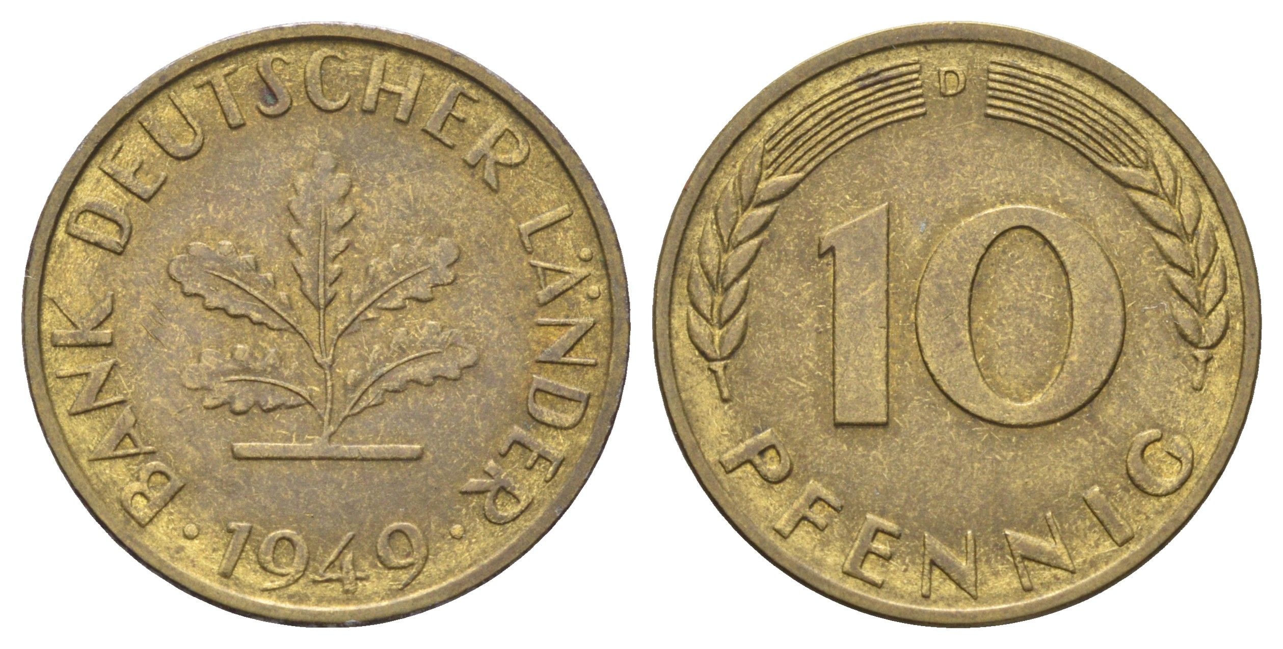ФРГ 10 пфеннигов 1949 D KM 103, J. 378 сталь плакированная латунью 4697-555