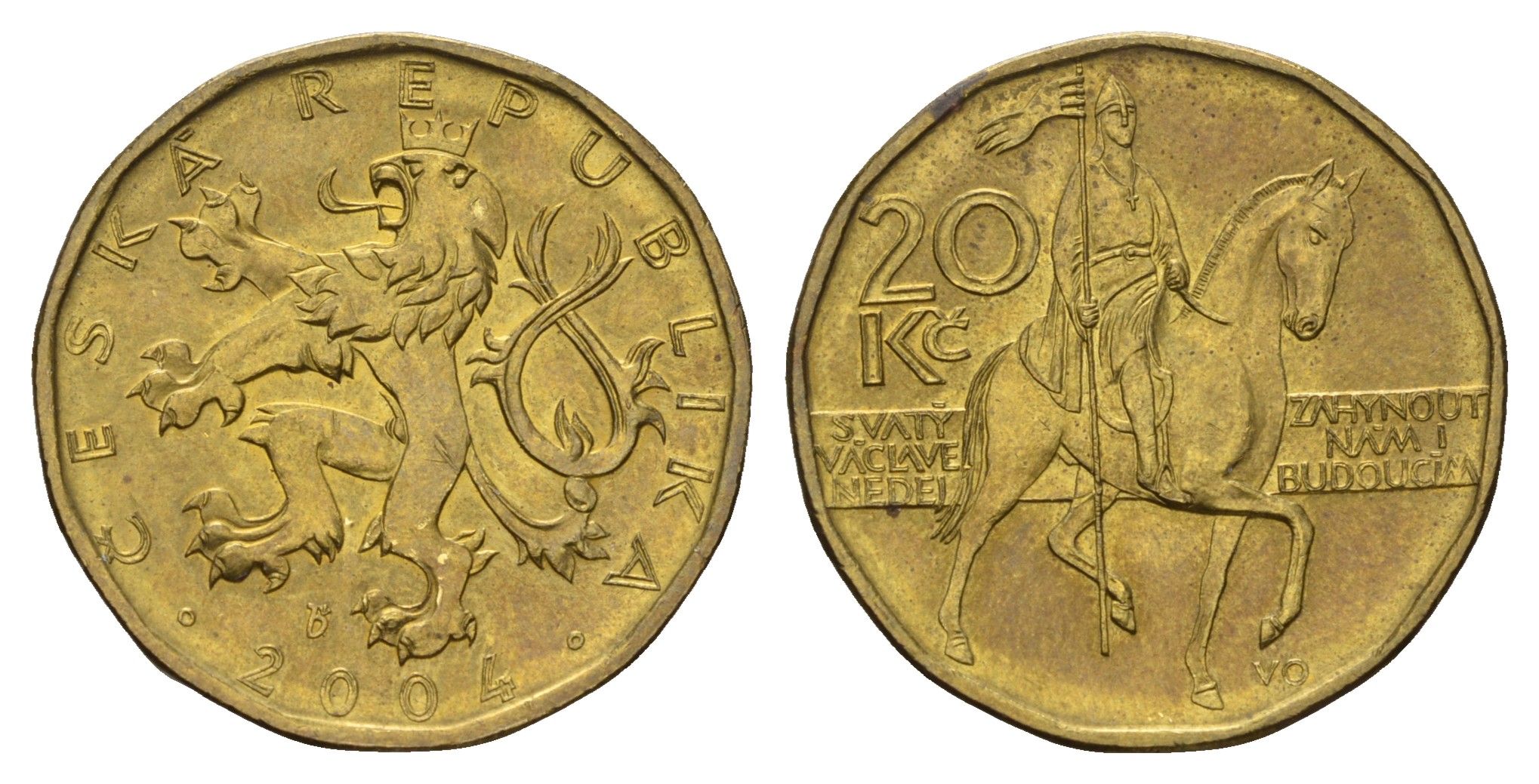 Чехия 20 крон 2004 чешский лев, герцог Вацлав на коне KM 5 сталь плакированная латунью aUNC 3459-752