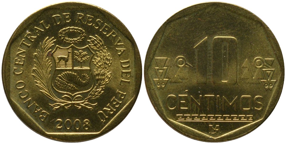 Перу 10 сентимо 2008 LIMA KM 305.4, Schon 104 латунь UNC 4543-921