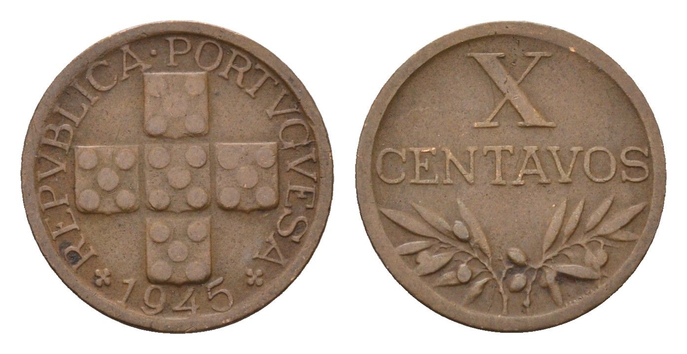 Португалия 10 сентаво 1945 KM 583 бронза 4173-934
