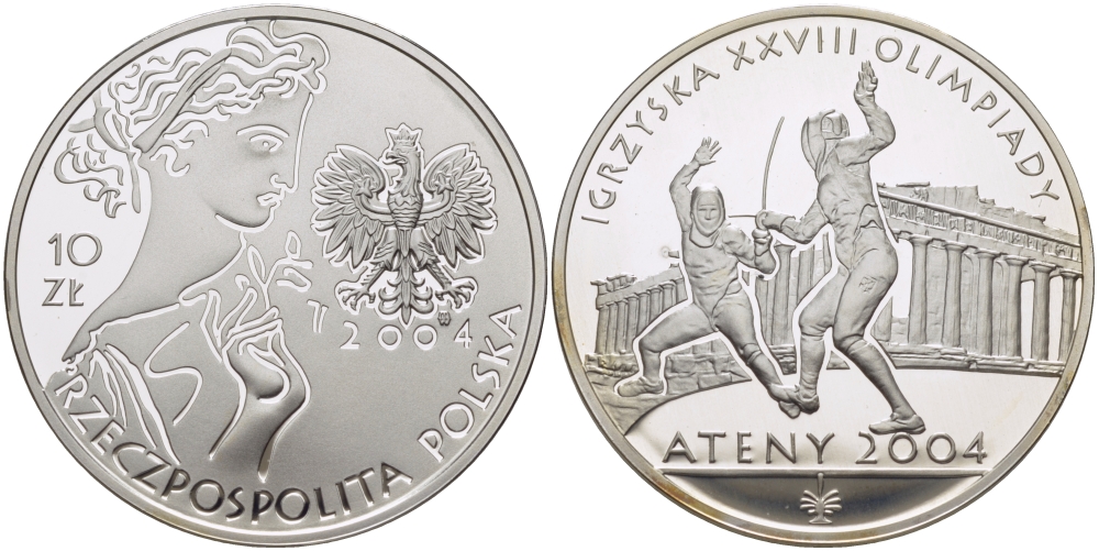 Польша 10 злотых 2004 MW, XXVIII Олимпийские игры в Афинах, фехтование на рапирах, Парфенон KM 517 серебро PROOF 1085-2-53
